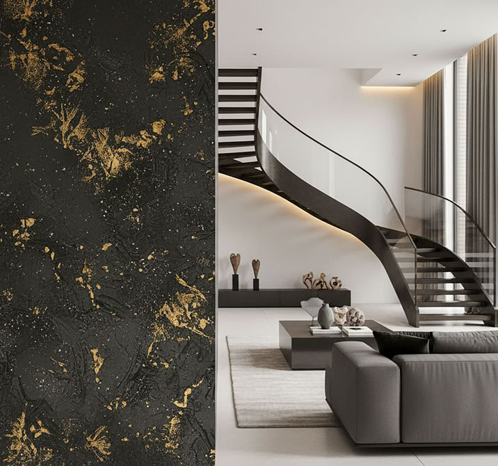 Modernes Wohnzimmer mit einer Akzentwand W121 Classic mit Applikation inEffektspachtel Gold