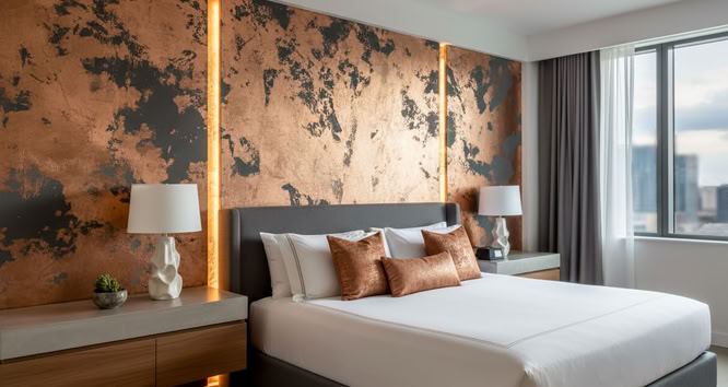 Modernes Schlafzimmer mit einem großen Bett, Effektspachtel Bronze Akzentwand, 