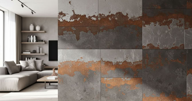 Vordergrund eine Wand mit Effektspachtel mit facetten Platin Stahl mit Rost