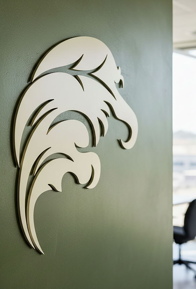 Wanddekoration in Form eines stilisierten glaMUR Logos auf einer grünen Rexx Solid Wand, im Hintergrund ein Büro mit Tisch, Stuhl und Pflanze.