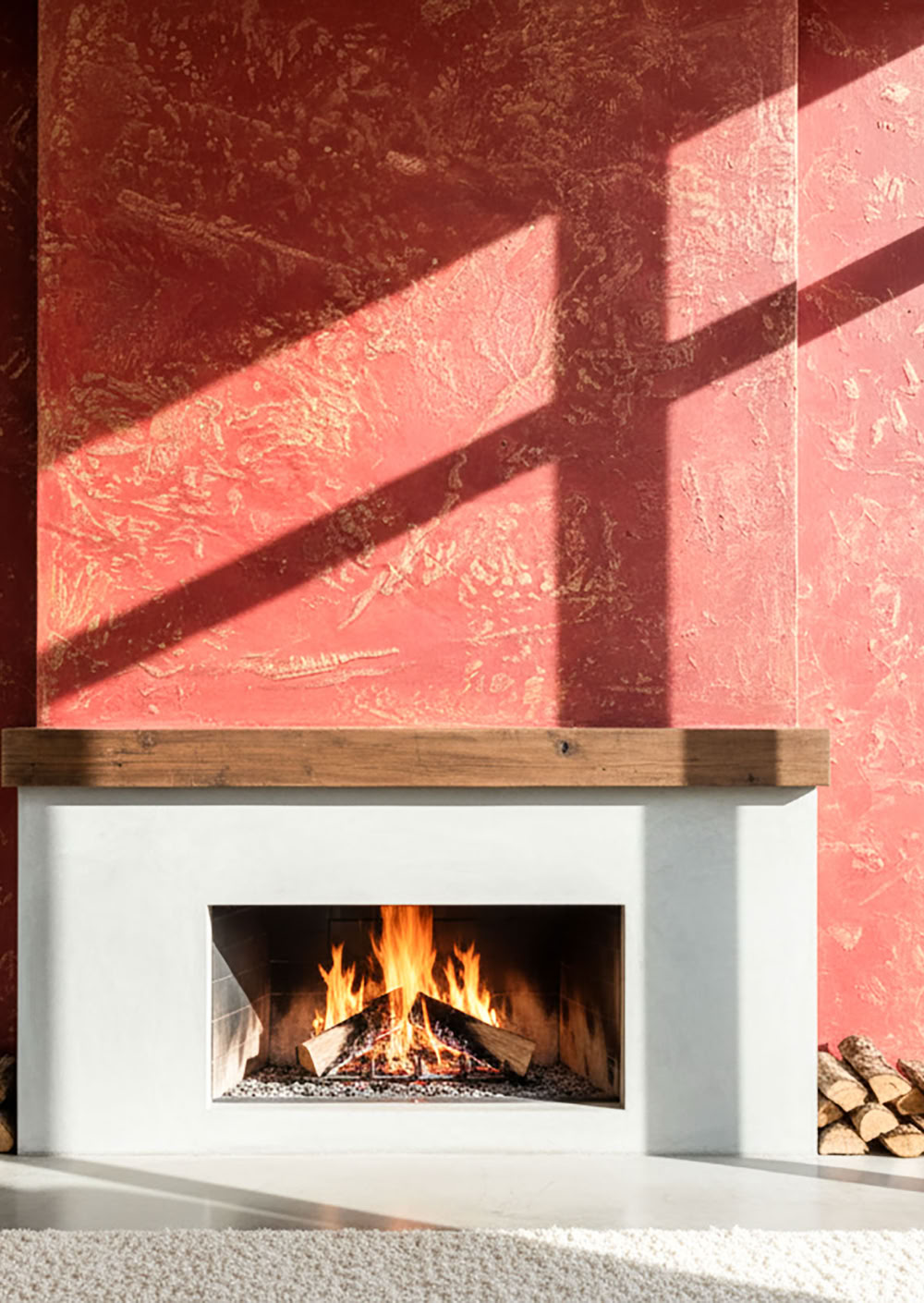 W Classic W124 Mit Goldlasur Wand, Holzscheite auf beiden Seiten, große Fenster rechts.