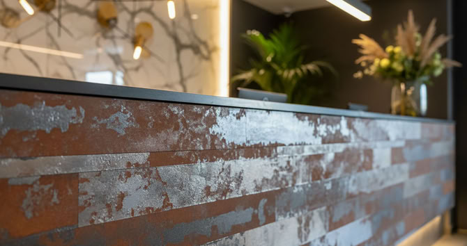 Moderne Rezeption, Tresen mit glaMUR Effektspachtel & Rost