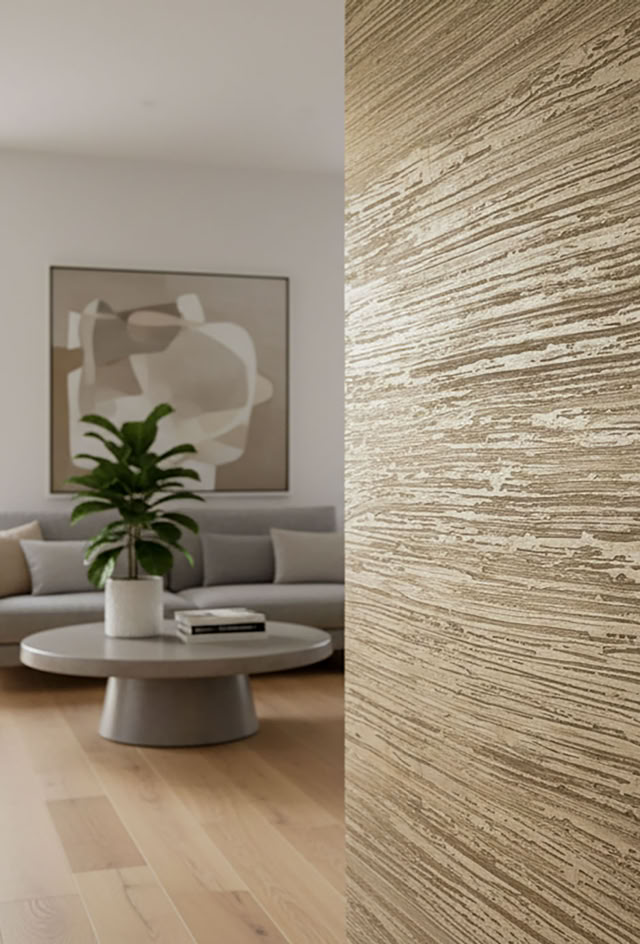 Modernes Wohnzimmer mit W Classic ein gestreiften Wand. 