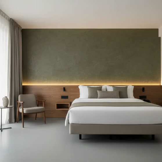 Modernes Schlafzimmer mit einem großen Bett, zwei Kissen, einem Nachttisch mit Lampe, einem Sessel und einem großen Fenster mit Vorhängen.