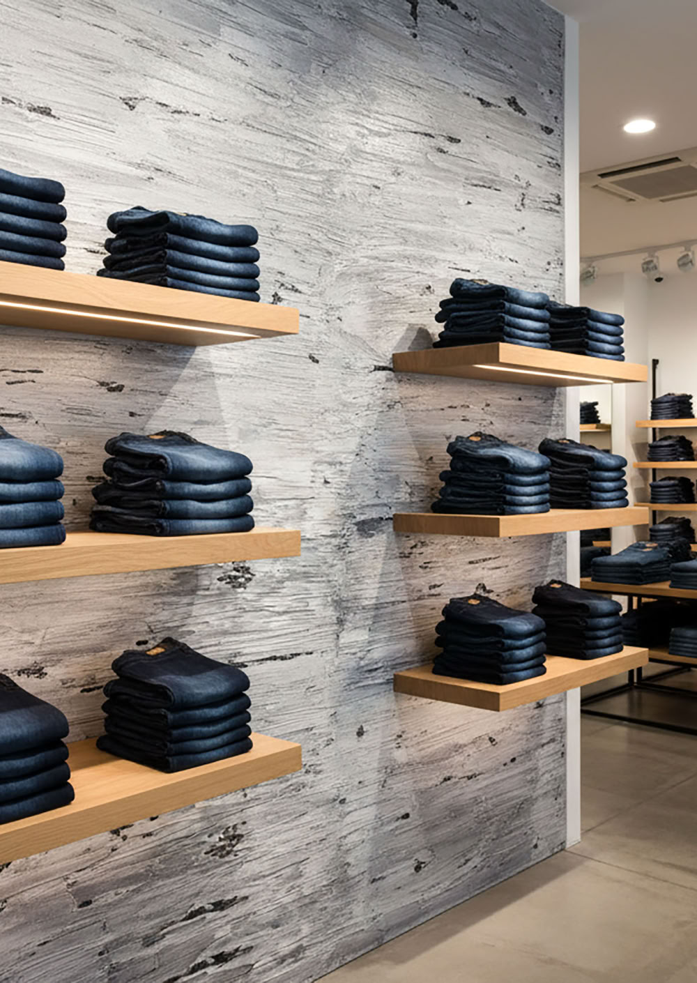 Innenansicht eines Bekleidungsgeschäfts mit einer glaMUR Wand Strukturspachtel und Effektspachtel weiss