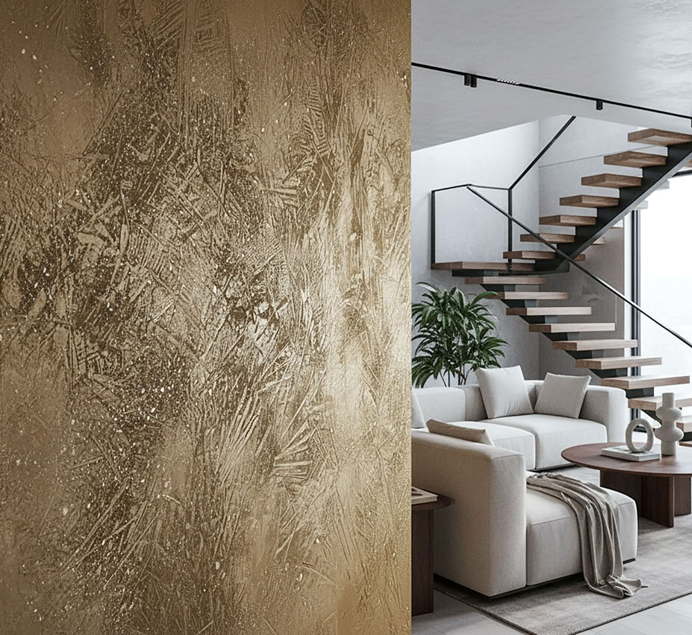 Moderne Inneneinrichtung mit einer gW121 Classic in unicater Handstruktur mit Aurum Lasur und einer Treppe im Hintergrund.