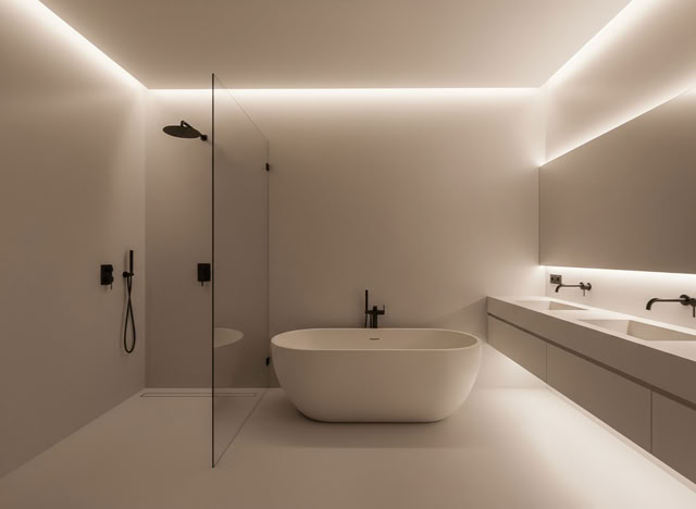 Fugenloses Badezimmer mit Rexx Solid.Doppelwaschbecken und begehbarer Dusche.