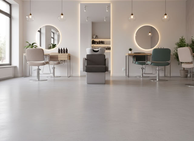 Ein moderner Friseursalon mit Fugenlosen Boden mit Rexx 2K , runden Spiegeln an der Wand, hängenden Lampen und Pflanzen.