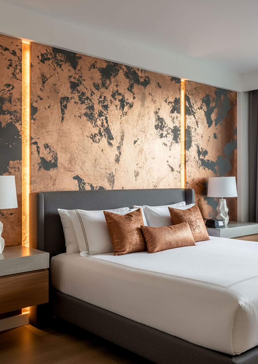 Modernes Schlafzimmer mit einem großen Bett, Effektspachtel Bronze Akzentwand, zwei Nachttischen mit Lampen und einem Fenster mit Vorhängen.