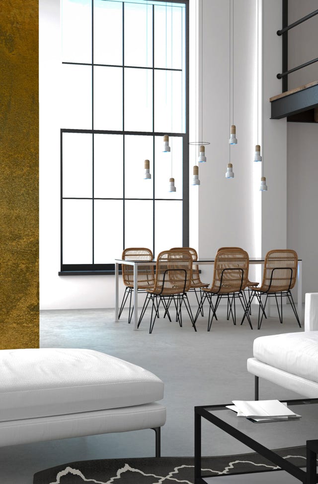 Modernes Wohnzimmer mit glaMUR Spachtel Rost Wand, großem Fenster 