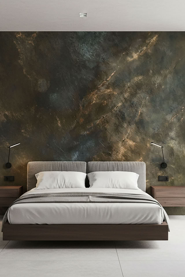 Schlafzimmer Wand mit W Classic marmoriert mit mineralischen Pigmenten