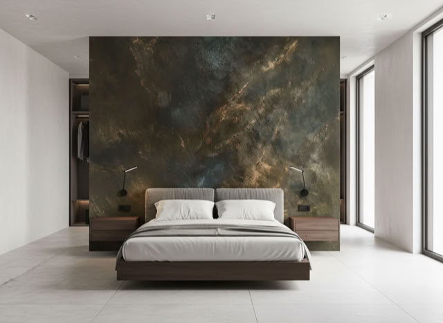 Schlafzimmer Wand mit W Classic marmoriert mit mineralischen Pigmenten