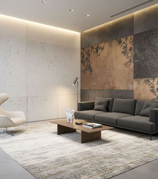 Modernes Wohnzimmer mit Effektspachtel mit Bronze & Smoke als Block.