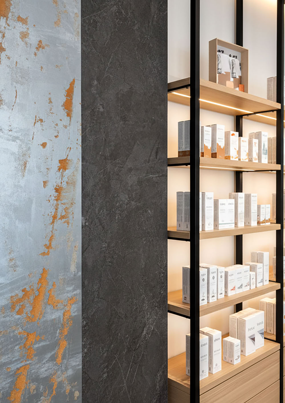 Regalwand mit vielen weißen Schachteln und Produkten, daneben eine Wand mit abstrakter Kunst Effektspachtel Stahl, Corten Stahl