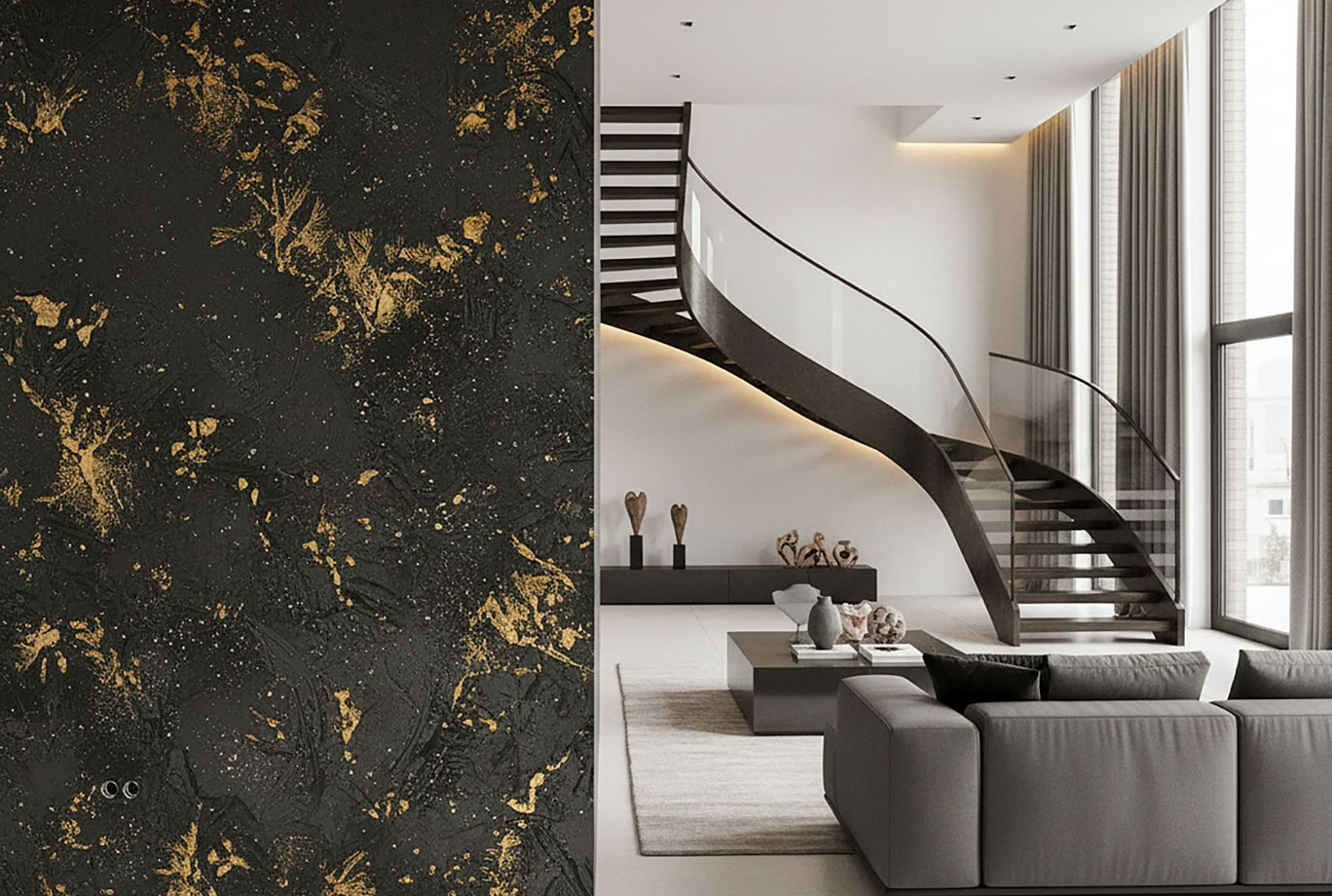 Modernes Wohnzimmer W121 Classic mit Applikationen in Effektspachtel Gold