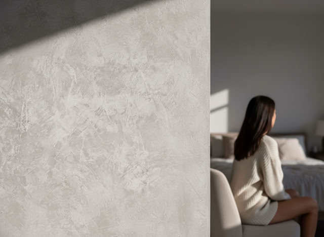 glaMUR W 123 Classic mit einem Bett im Hintergrund; die Wand im Vordergrund ist strukturiert und von Licht und Schatten durchzogen.