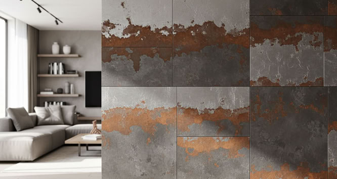 Vordergrund eine Wand mit Effektspachtel mit facetten Platin Stahl mit Rost