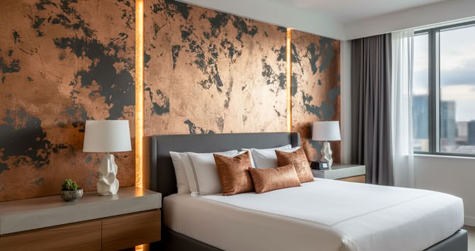 Modernes Schlafzimmer mit einem großen Bett, Effektspachtel Bronze Akzentwand, 